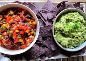 Guacamole and fresh salsa with organic blue corn chips